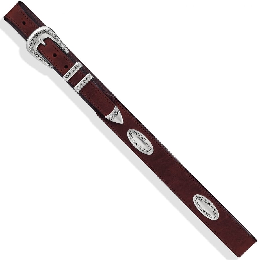 Brighton brown leather belt with engraved silver-tone buckle, keeper, tip, and oval concho accents on a white background