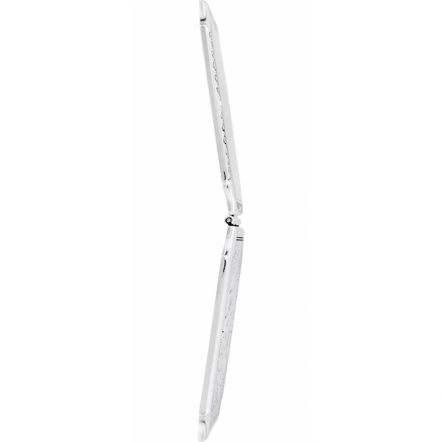 Brighton compact mirror shown from the side view in an open position with silver-tone finish on a white background