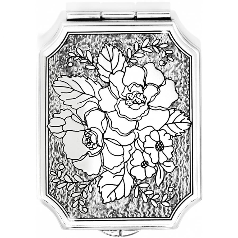 Brighton compact mirror with silver-tone engraved floral bouquet design and scalloped rectangular frame on a white background