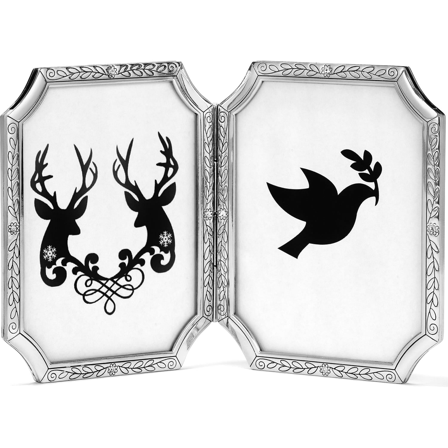 Brighton silver-plated hinged double picture frame with engraved leaf and floral border details on a white background