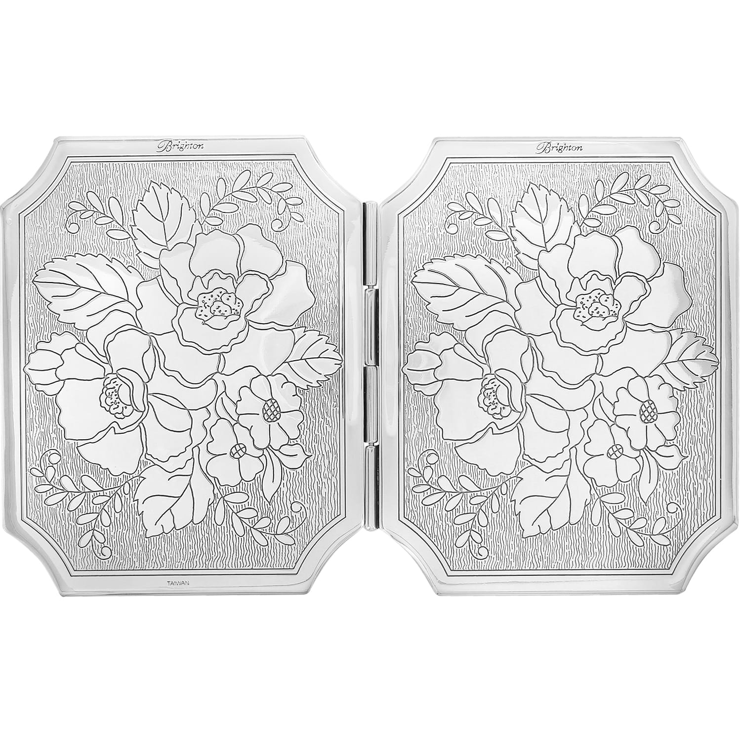 Brighton compact mirror shown open with silver-plated floral engraved design on both hinged panels on a white background