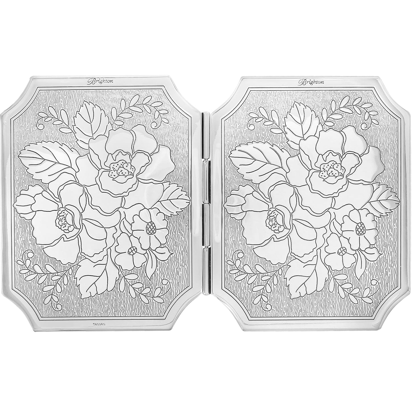 Brighton compact mirror shown open with silver-plated floral engraved design on both hinged panels on a white background