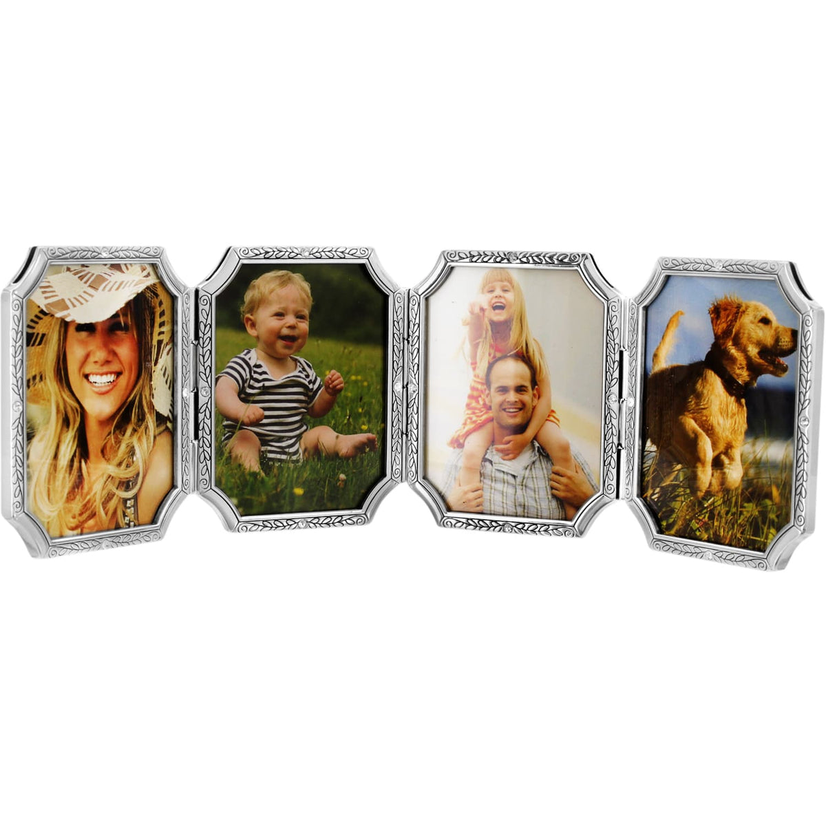 Brighton hinged four-photo frame with silver-plated ornate leaf-engraved borders and crystal accents on a white background