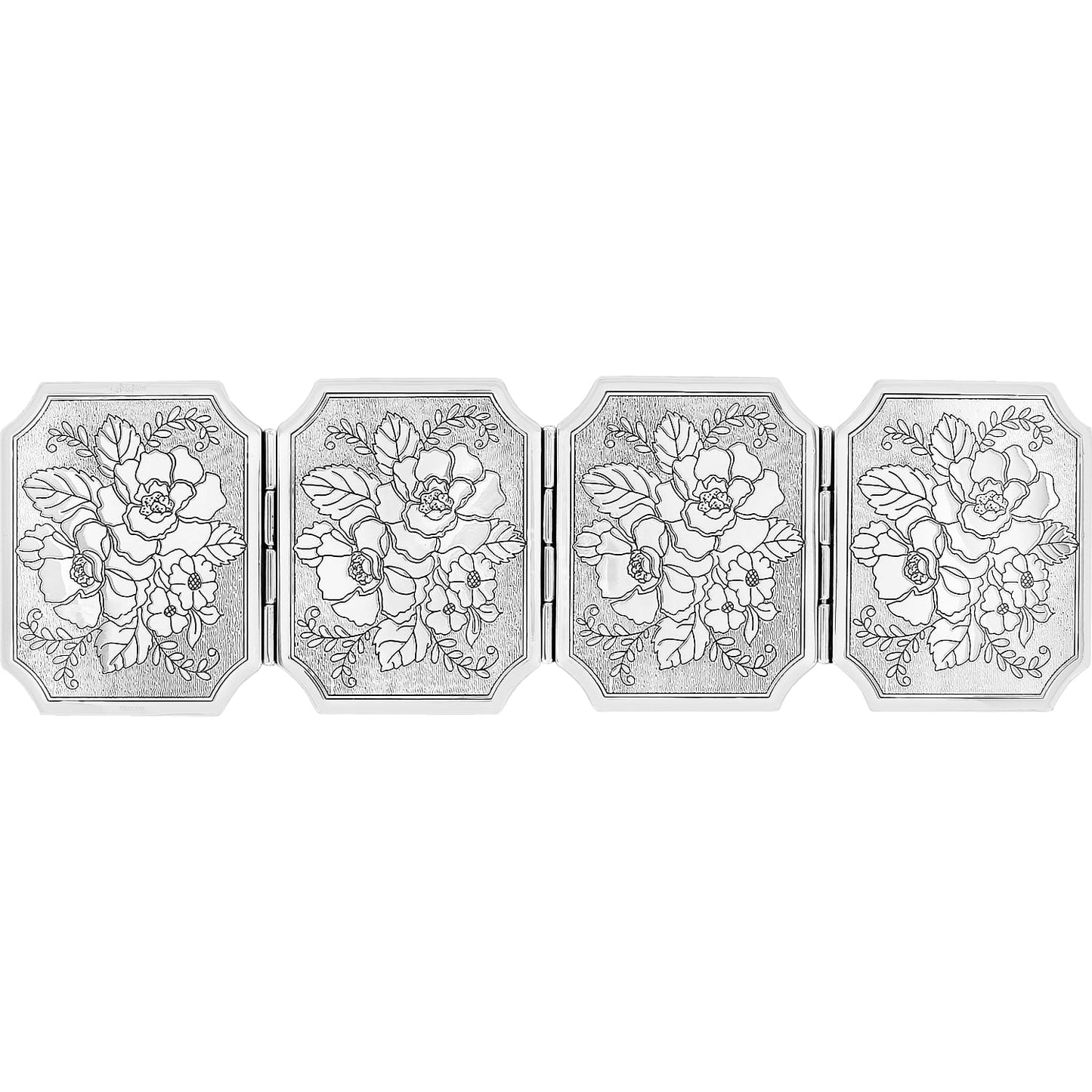 Brighton four-panel folding compact mirror with silver-plated engraved floral design and hinged panels on a white background