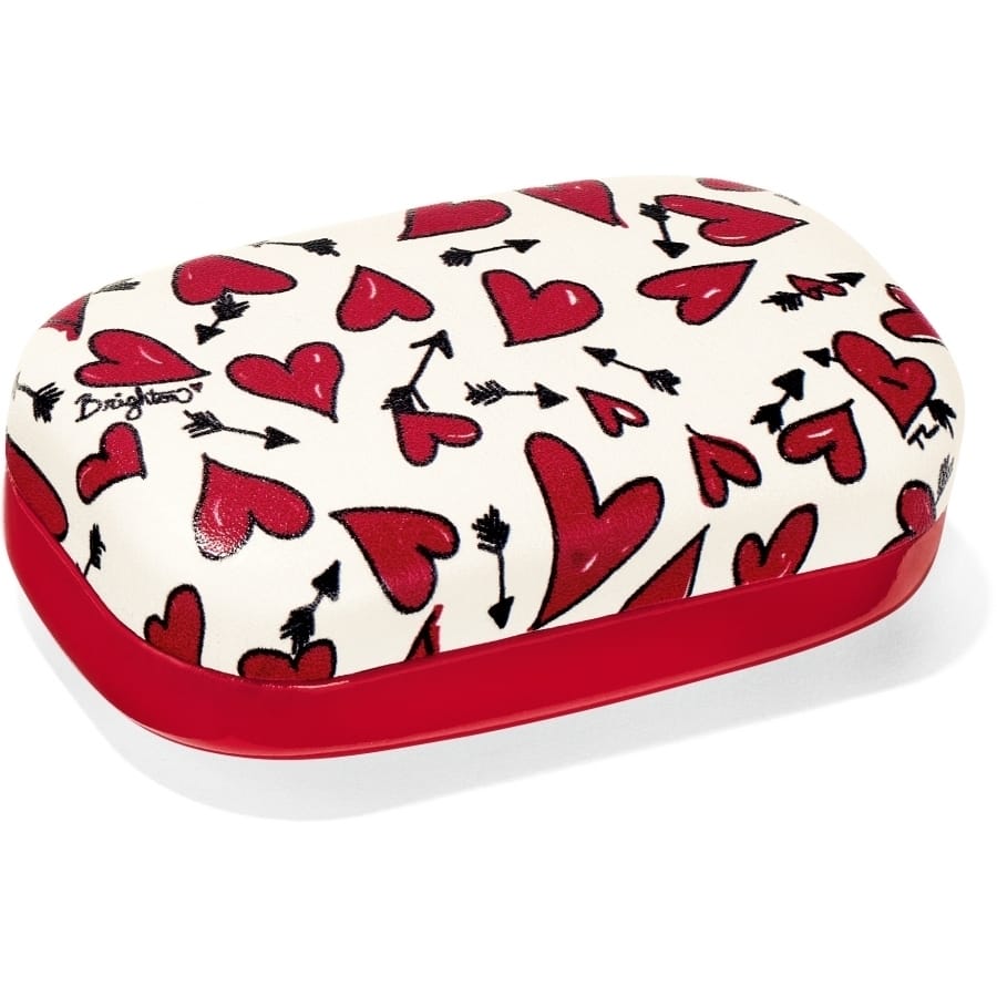 Brighton case with cream and red heart and arrow print, red base trim, on a white background