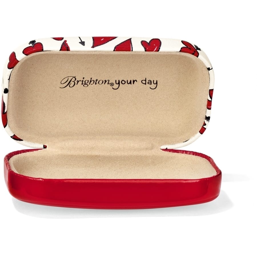 Brighton eyeglass case shown open with red heart print interior lid and beige lining on a white background