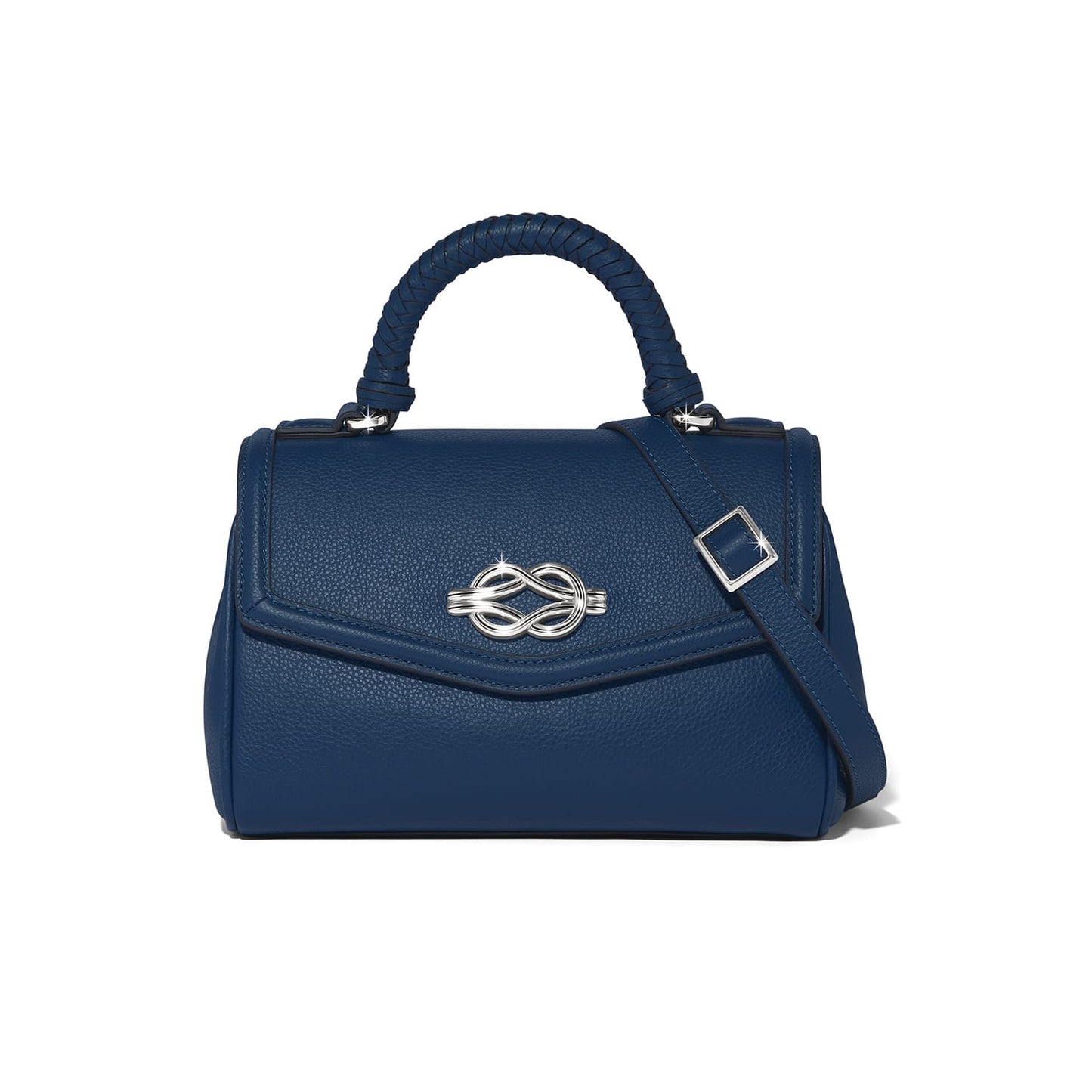 Brighton top-handle handbag in blue pebbled leather with braided handle, silver-tone knot clasp, and adjustable strap on a white background