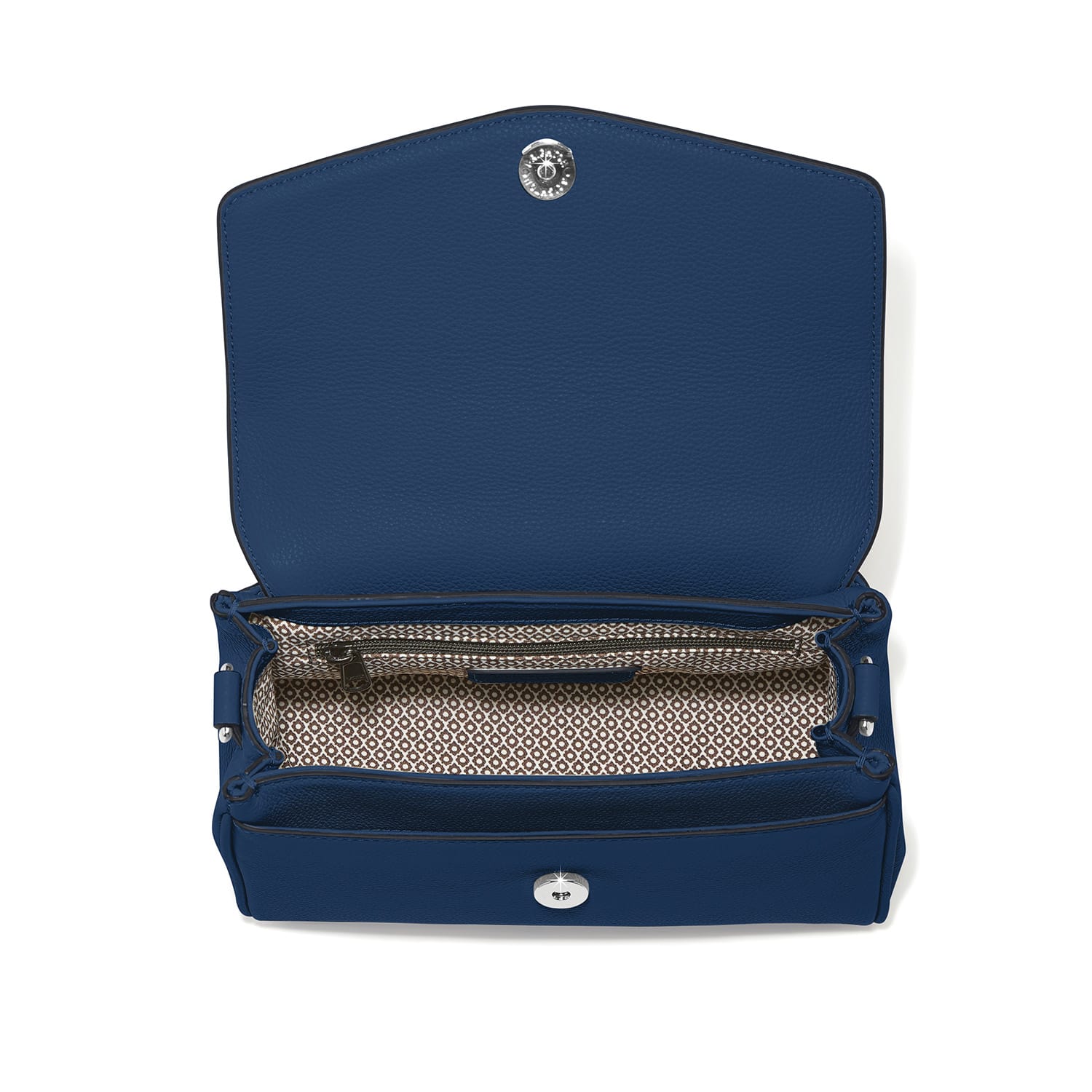 Brighton blue leather handbag shown open with patterned fabric interior, zip pocket, and silver-tone snap closure on a white background