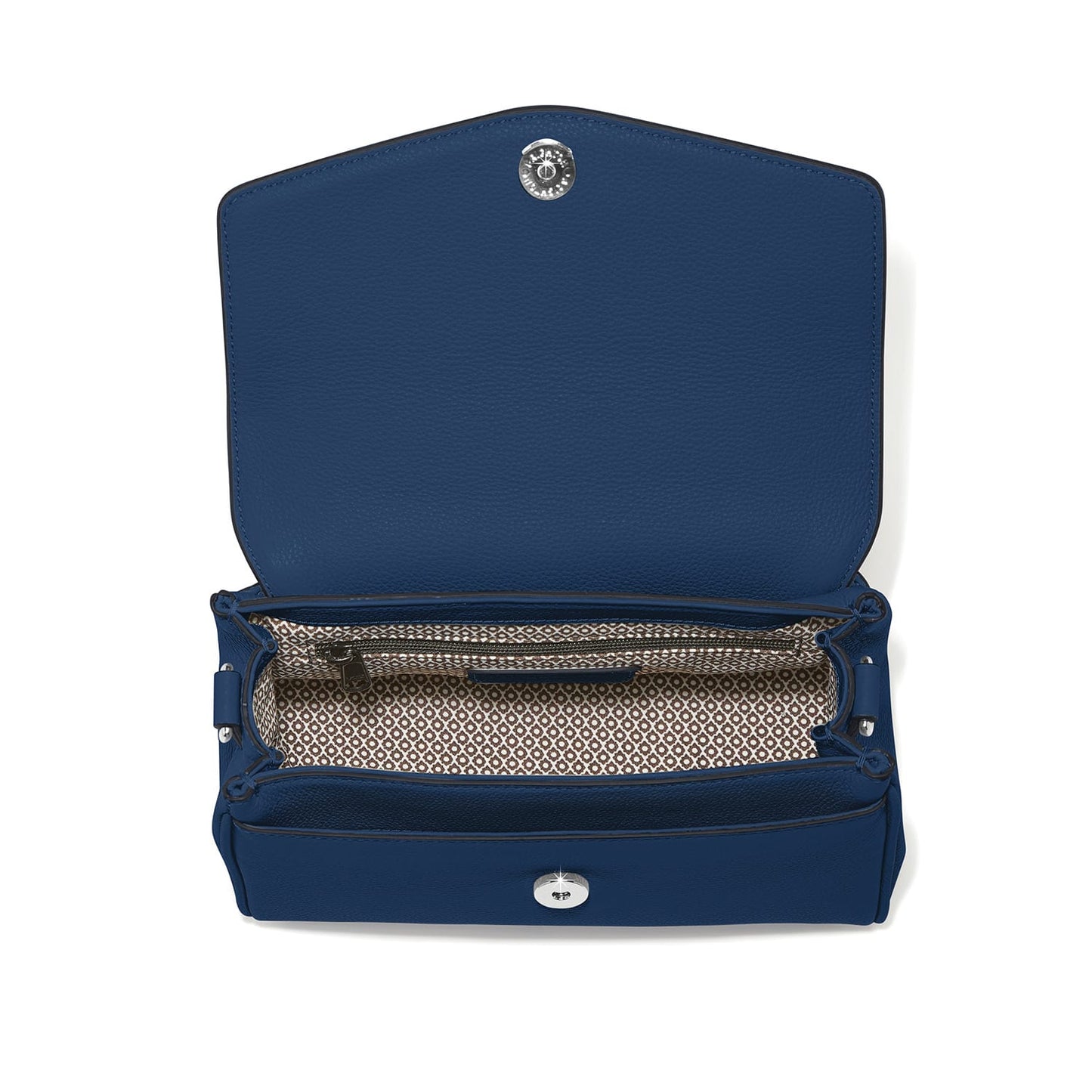 Brighton blue leather handbag shown open with patterned fabric interior, zip pocket, and silver-tone snap closure on a white background