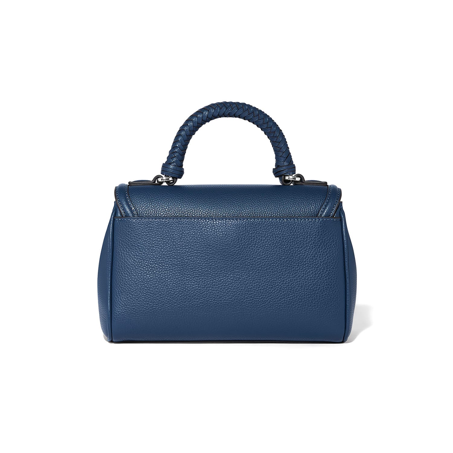 Brighton handbag shown from the back in blue pebbled leather with braided top handle on a white background