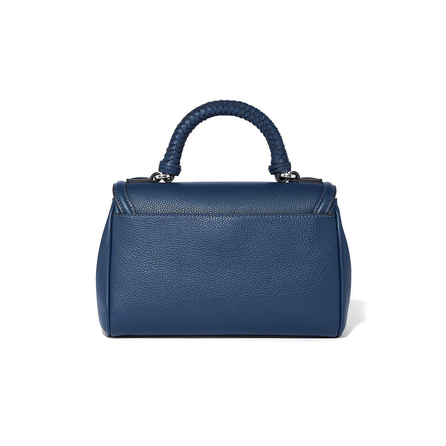 Brighton handbag shown from the back in blue pebbled leather with braided top handle on a white background