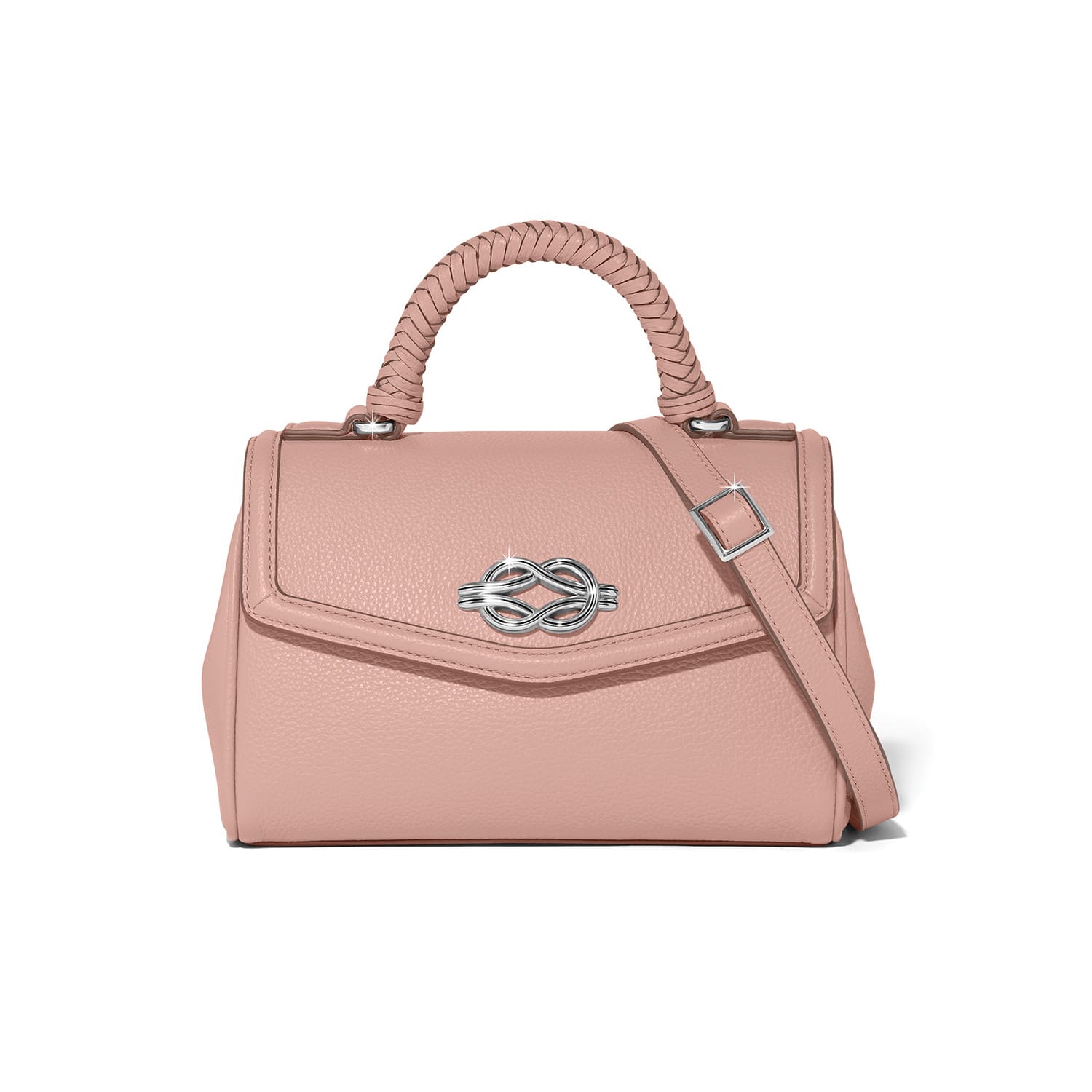 Brighton pink leather handbag with braided top handle, silver-tone knot clasp, and adjustable crossbody strap on a white background
