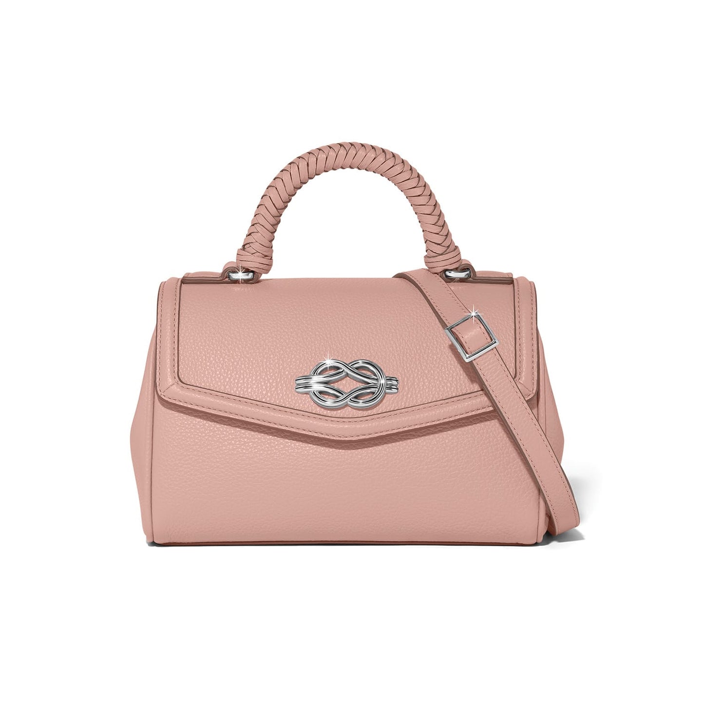 Brighton pink leather handbag with braided top handle, silver-tone knot clasp, and adjustable crossbody strap on a white background