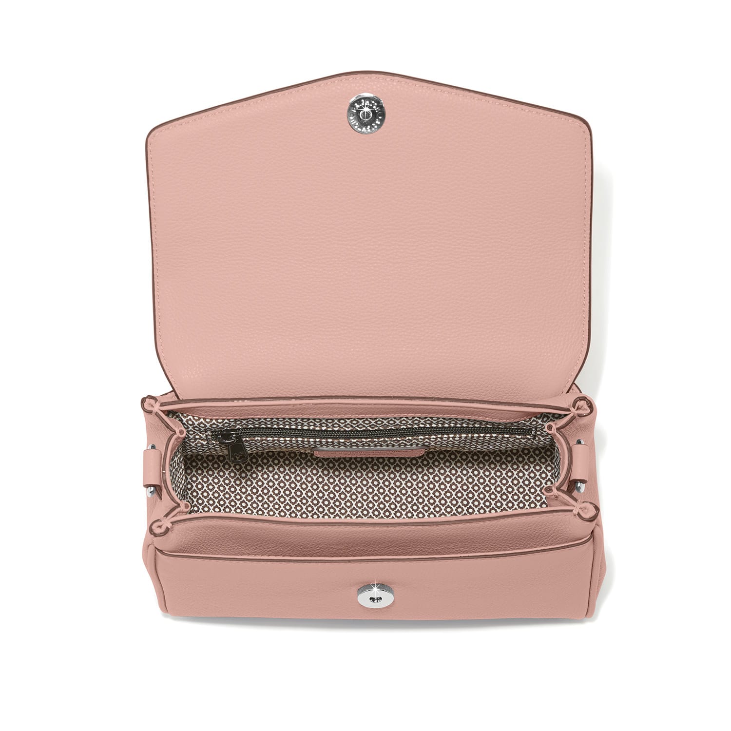 Brighton pink leather handbag shown open with patterned interior lining, zip pocket, and silver-tone snap closure on a white background