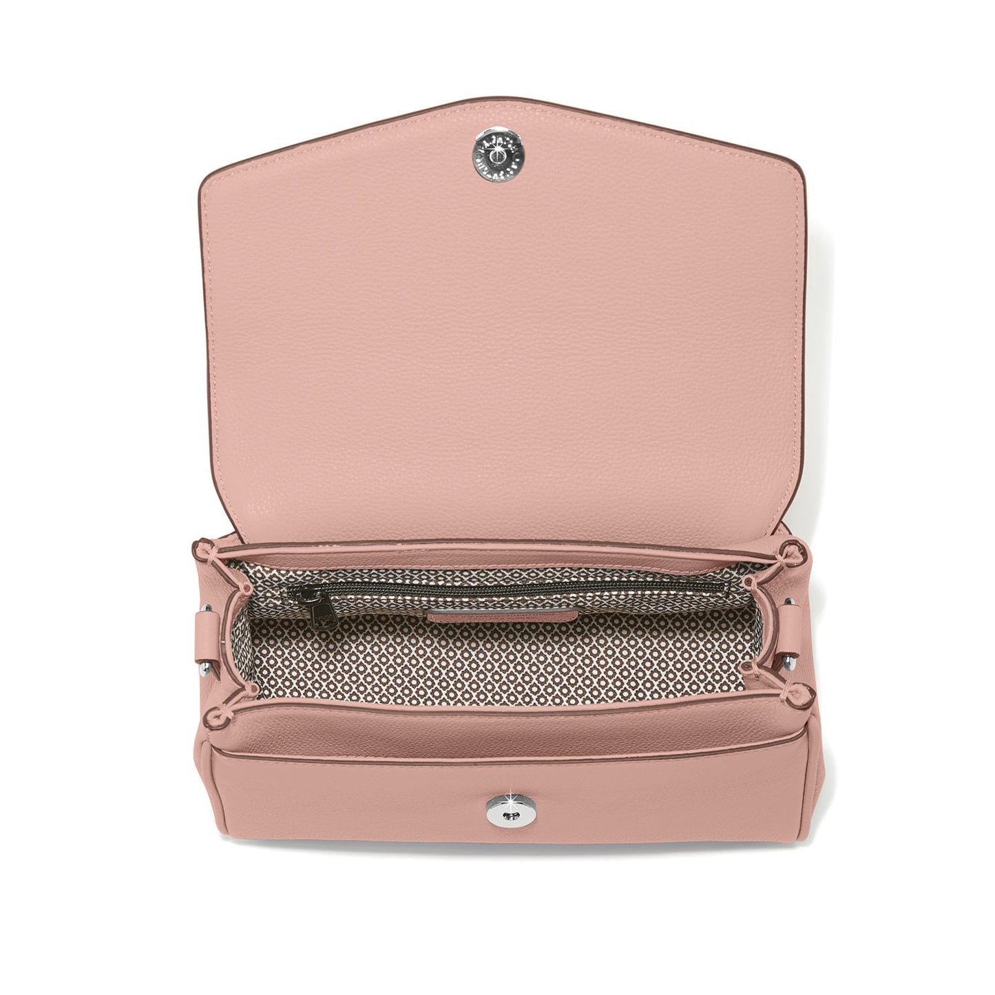 Brighton pink leather handbag shown open with patterned interior lining, zip pocket, and silver-tone snap closure on a white background