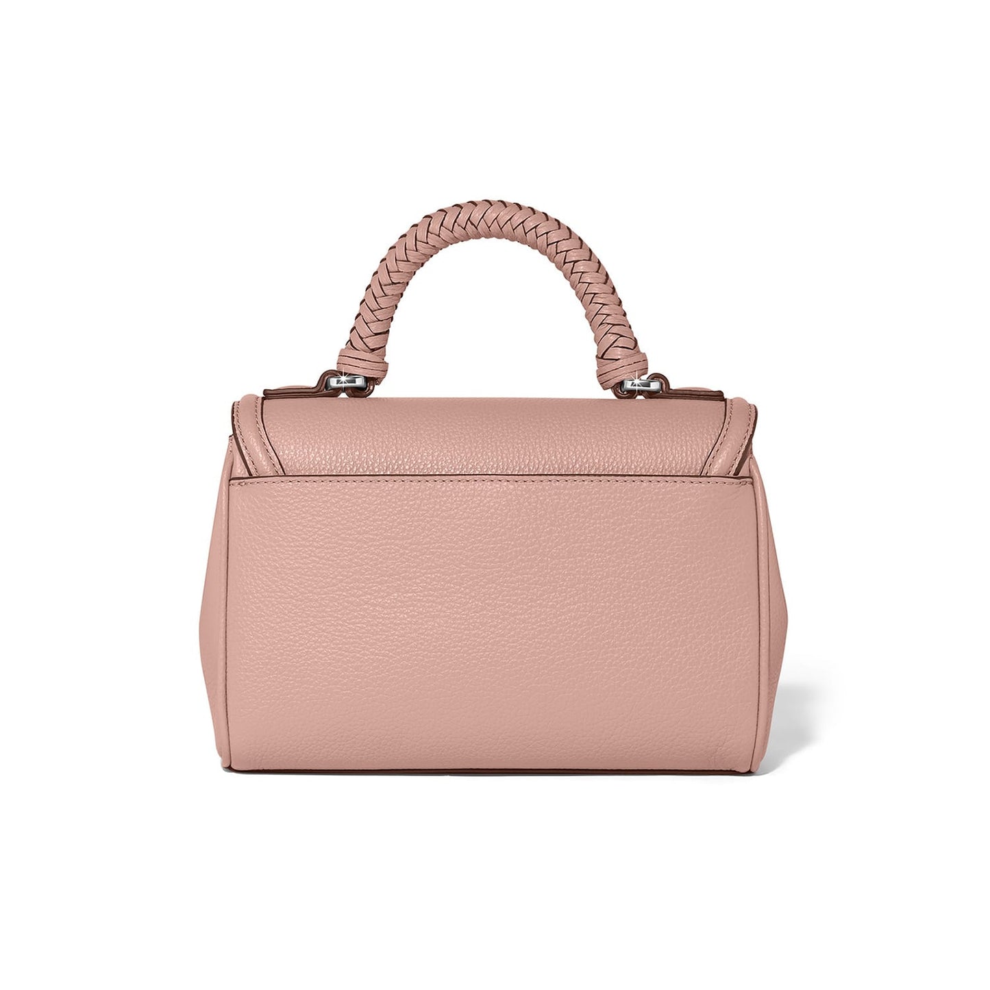 Brighton handbag shown from the back in pink pebbled leather with braided top handle on a white background