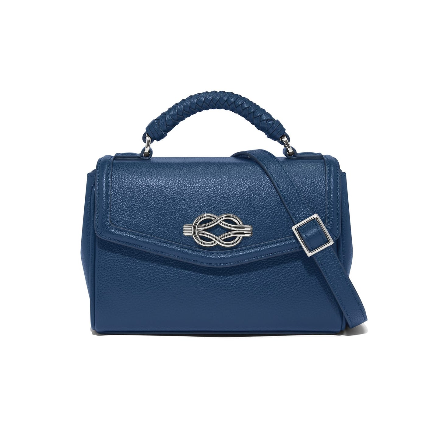 Brighton blue leather handbag with braided top handle, silver-tone knot clasp, and adjustable crossbody strap on a white background