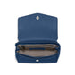 Brighton blue pebbled leather handbag shown open with patterned fabric interior and silver-tone snap closure on a white background