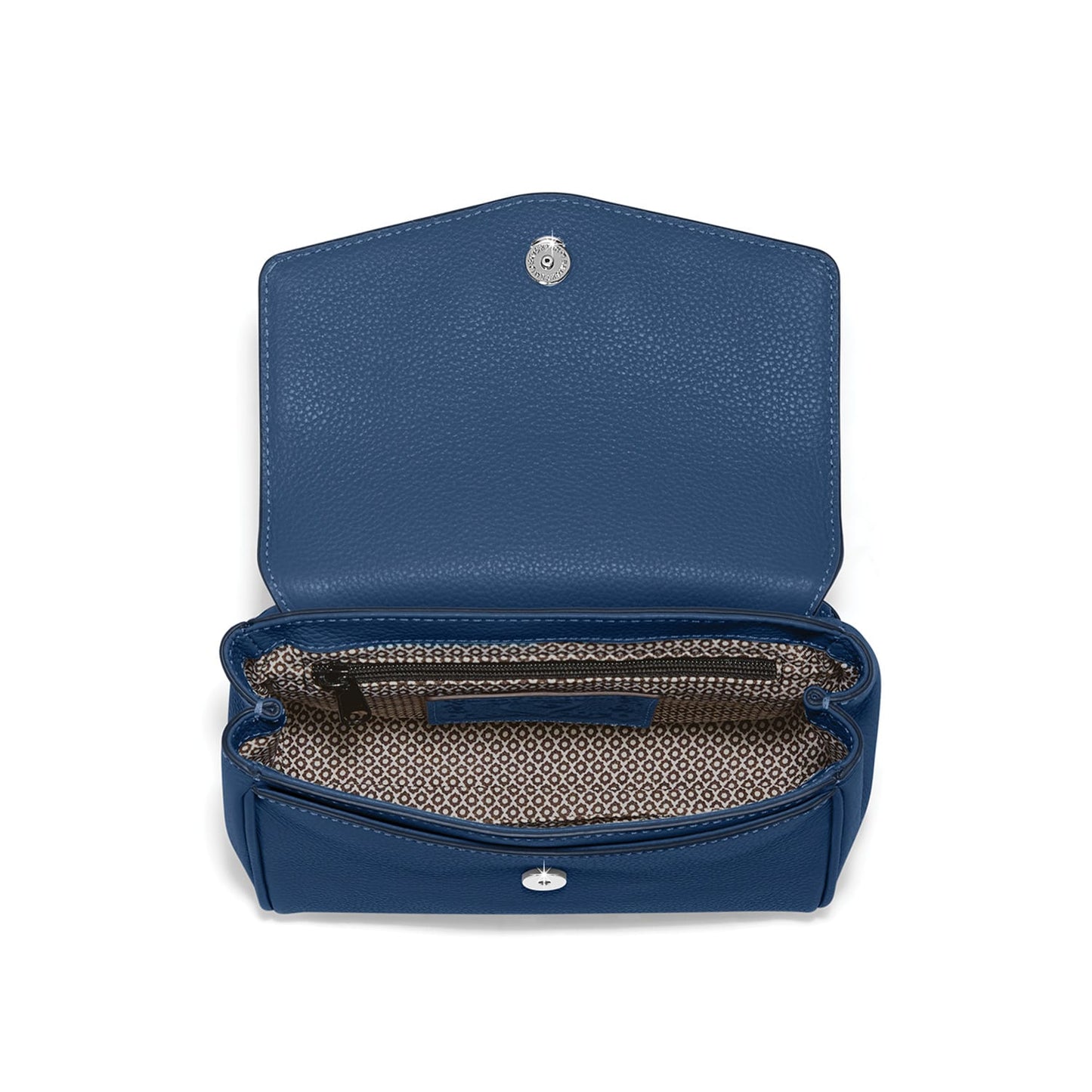 Brighton blue pebbled leather handbag shown open with patterned fabric interior and silver-tone snap closure on a white background