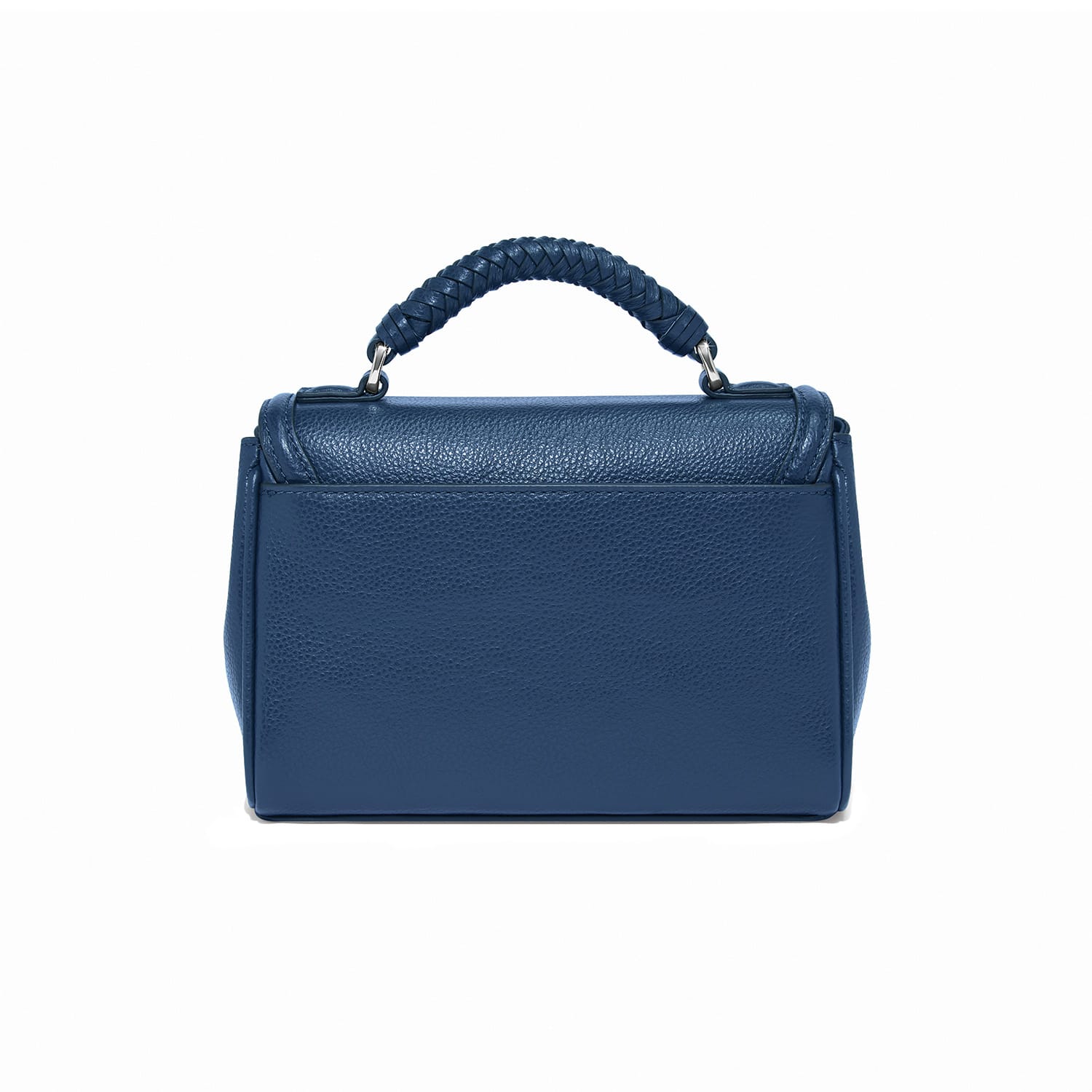 Brighton blue leather handbag shown from the back with pebbled texture and braided top handle on a white background