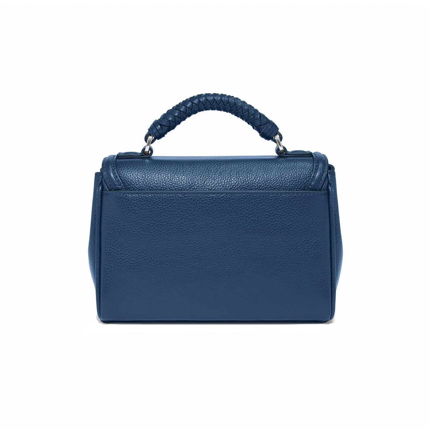 Brighton blue leather handbag shown from the back with pebbled texture and braided top handle on a white background