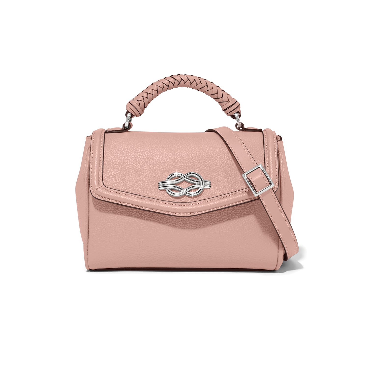 Brighton handbag in pink with silver-tone knot clasp, braided top handle, and adjustable crossbody strap on a white background