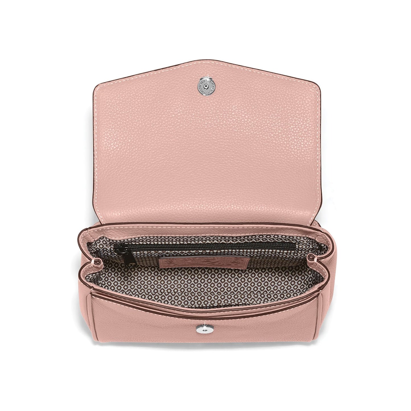 Brighton pink pebbled handbag shown open with patterned interior lining, zip pocket, and silver-tone snap closure on a white background