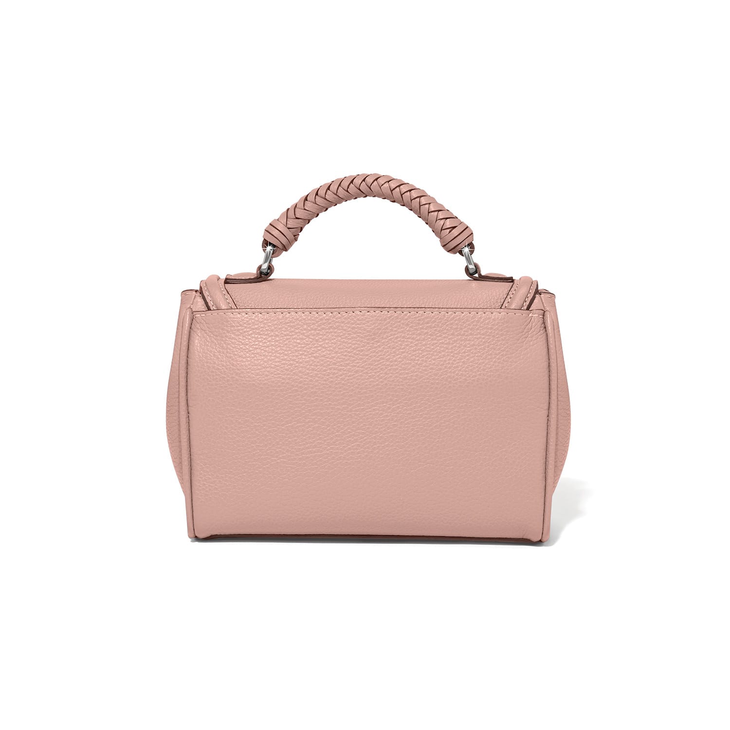 Brighton handbag shown from the back in pink pebbled leather with braided top handle on a white background