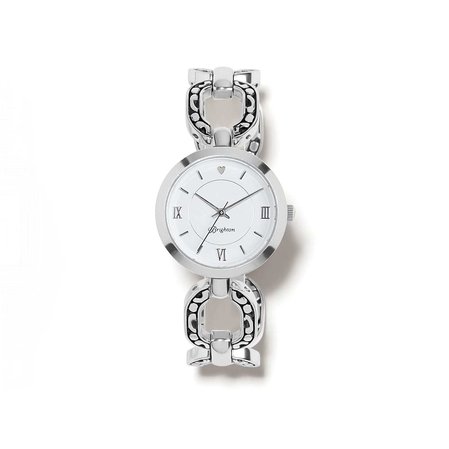 Brighton watch with round white dial, Roman numerals, and silver-plated chain link bracelet on a white background