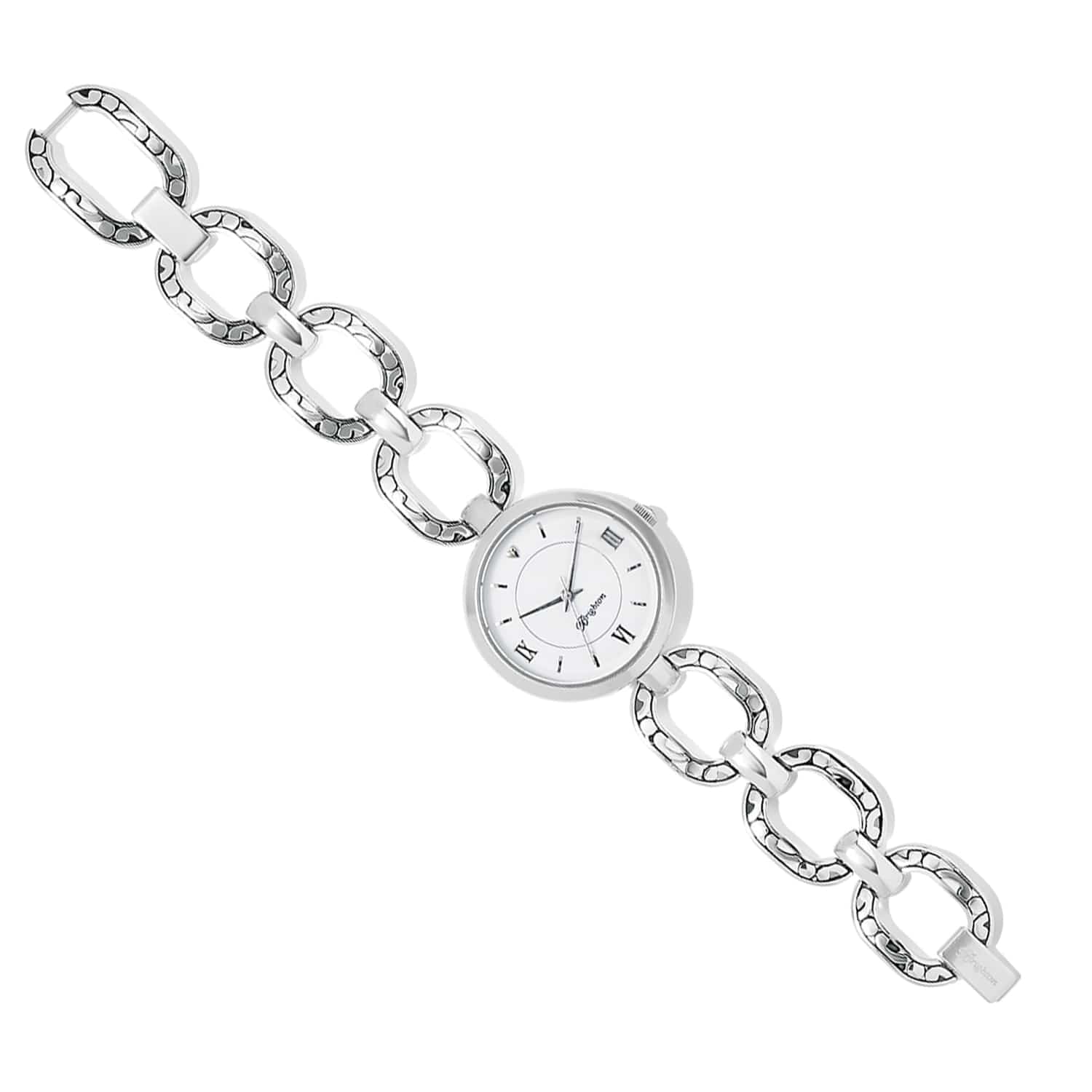 Brighton watch with round white dial, Roman numerals, and silver-plated hammered chain-link bracelet on a white background