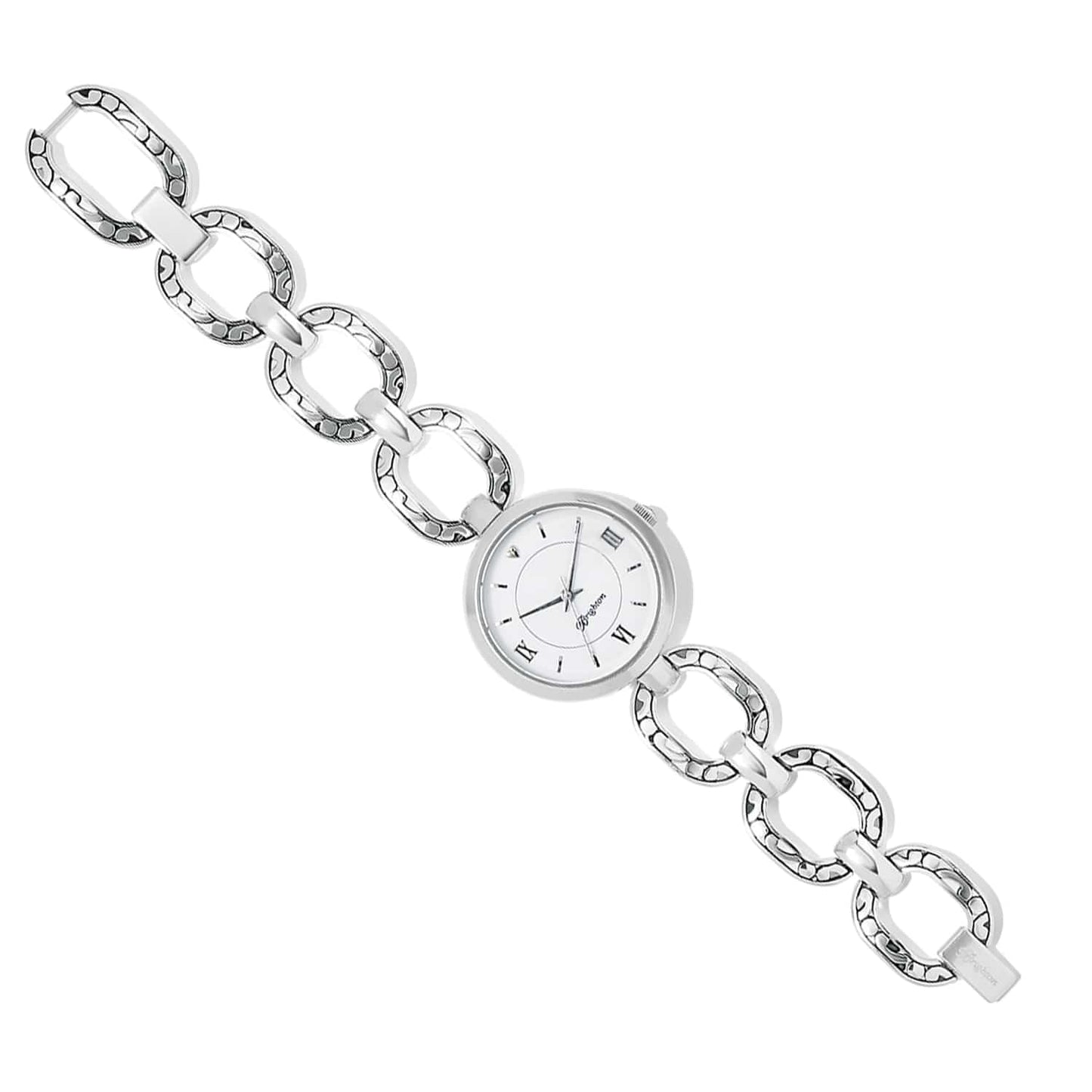Brighton watch with round white dial, Roman numerals, and silver-plated hammered chain-link bracelet on a white background