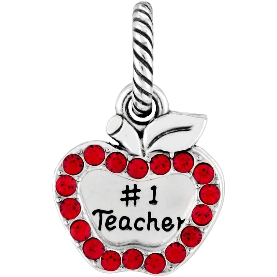 Brighton apple charm with #1 Teacher engraving and red crystal border in silver-tone finish on a white background