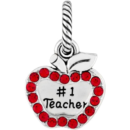 Brighton apple charm with #1 Teacher engraving and red crystal border in silver-tone finish on a white background