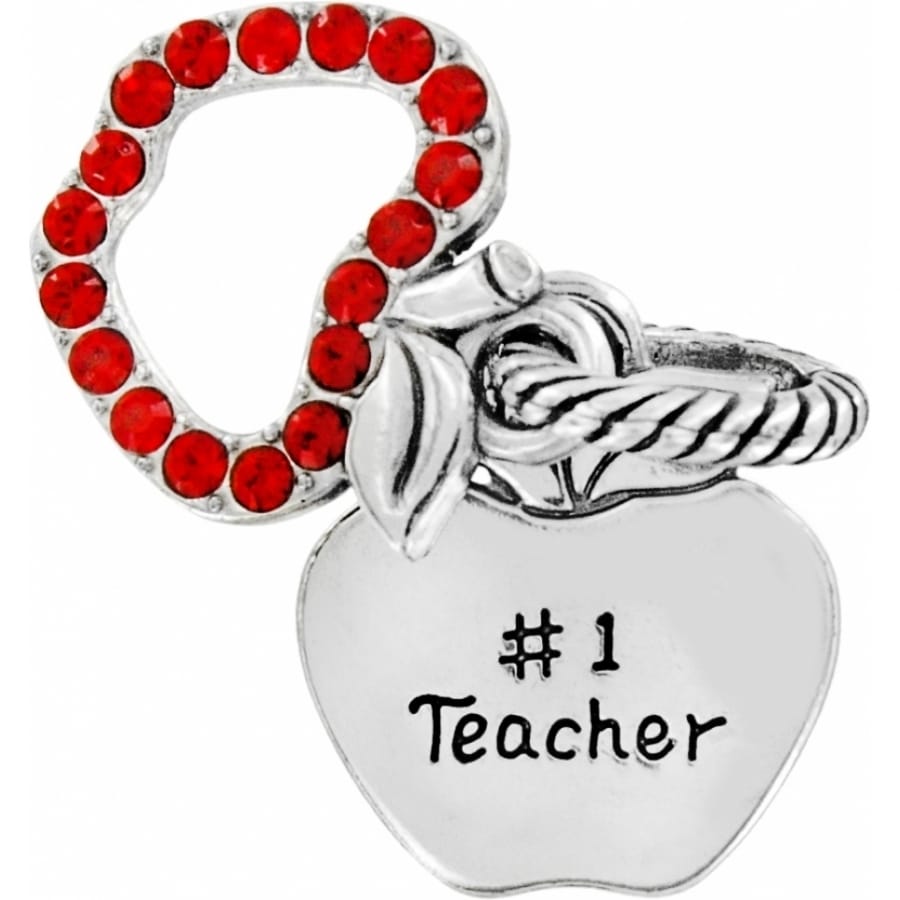 Brighton #1 Teacher apple charm with silver-tone finish and red crystal accents on a white background