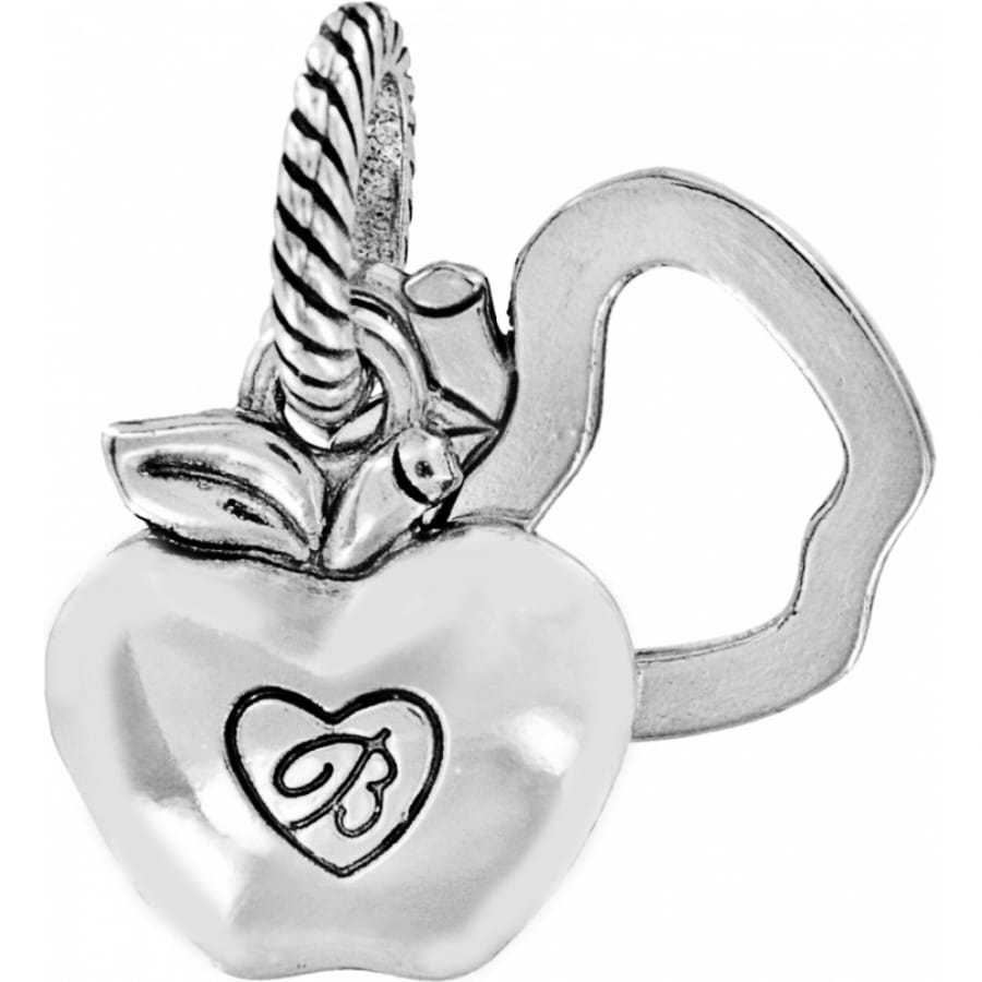 Brighton silver-tone charm featuring heart-shaped apple with engraved B initial and rope-textured accents on a white background