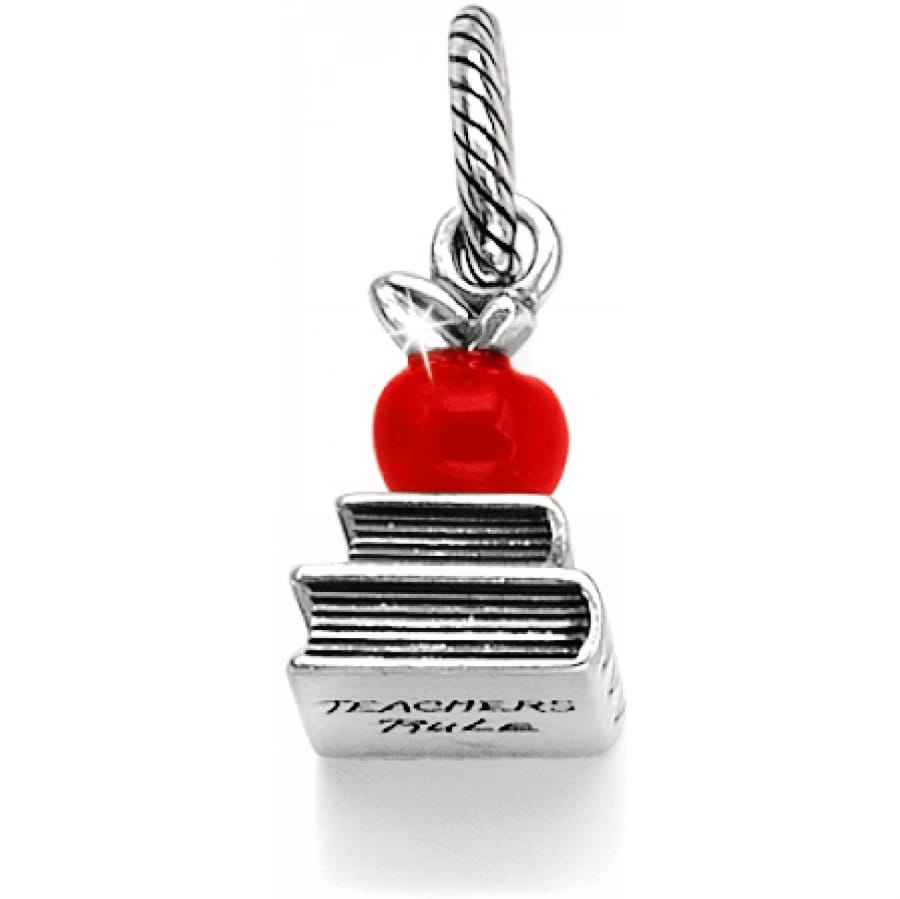 Brighton charm with silver-plated stacked books, red apple accent, and rope-textured bail on a white background