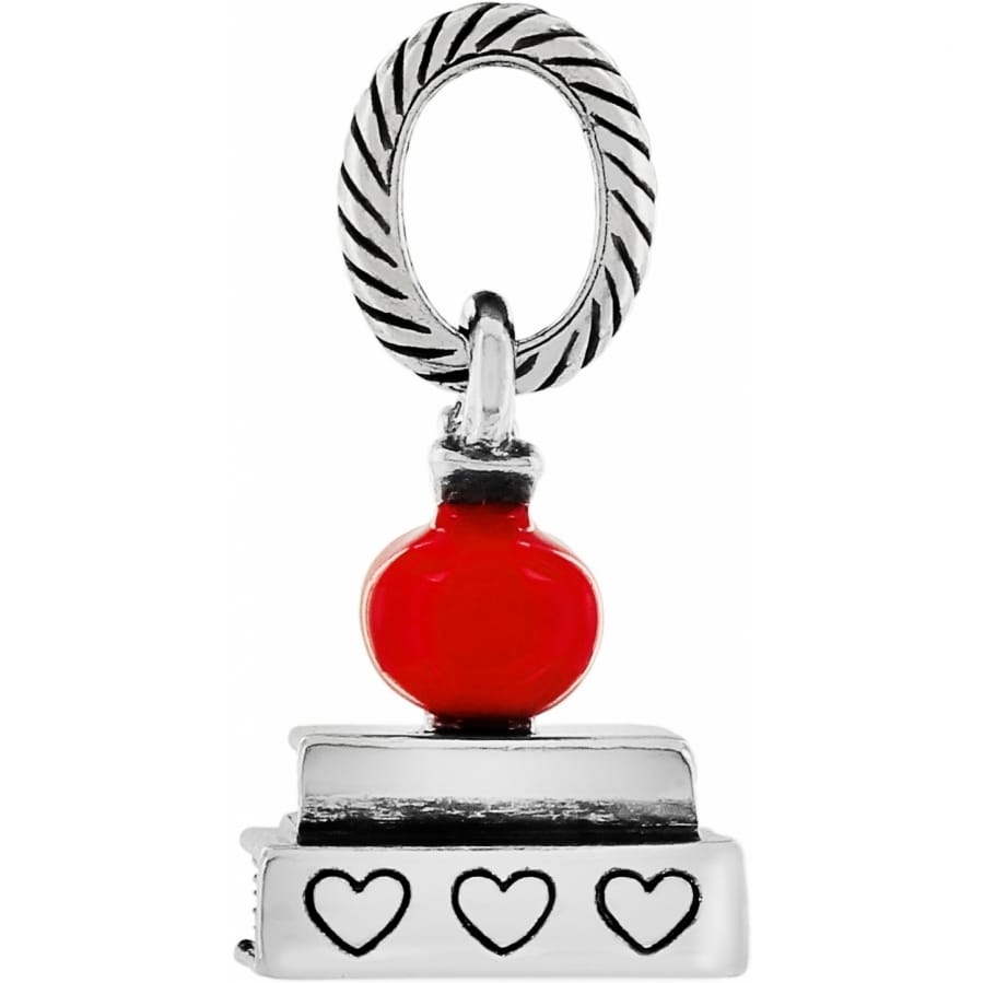 Brighton charm with red bead and silver-plated tiered base featuring engraved heart details on a white background