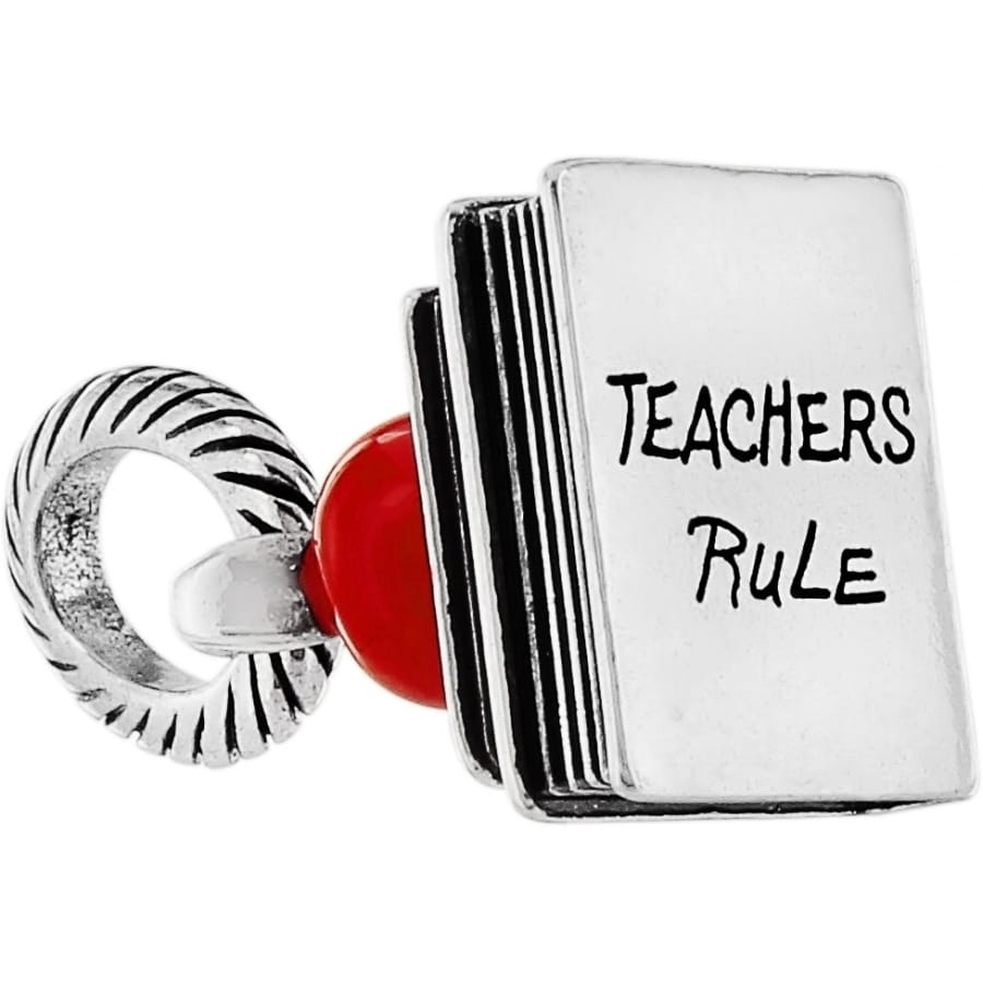 Brighton silver-plated book charm engraved with Teachers Rule and red bead accent on a white background