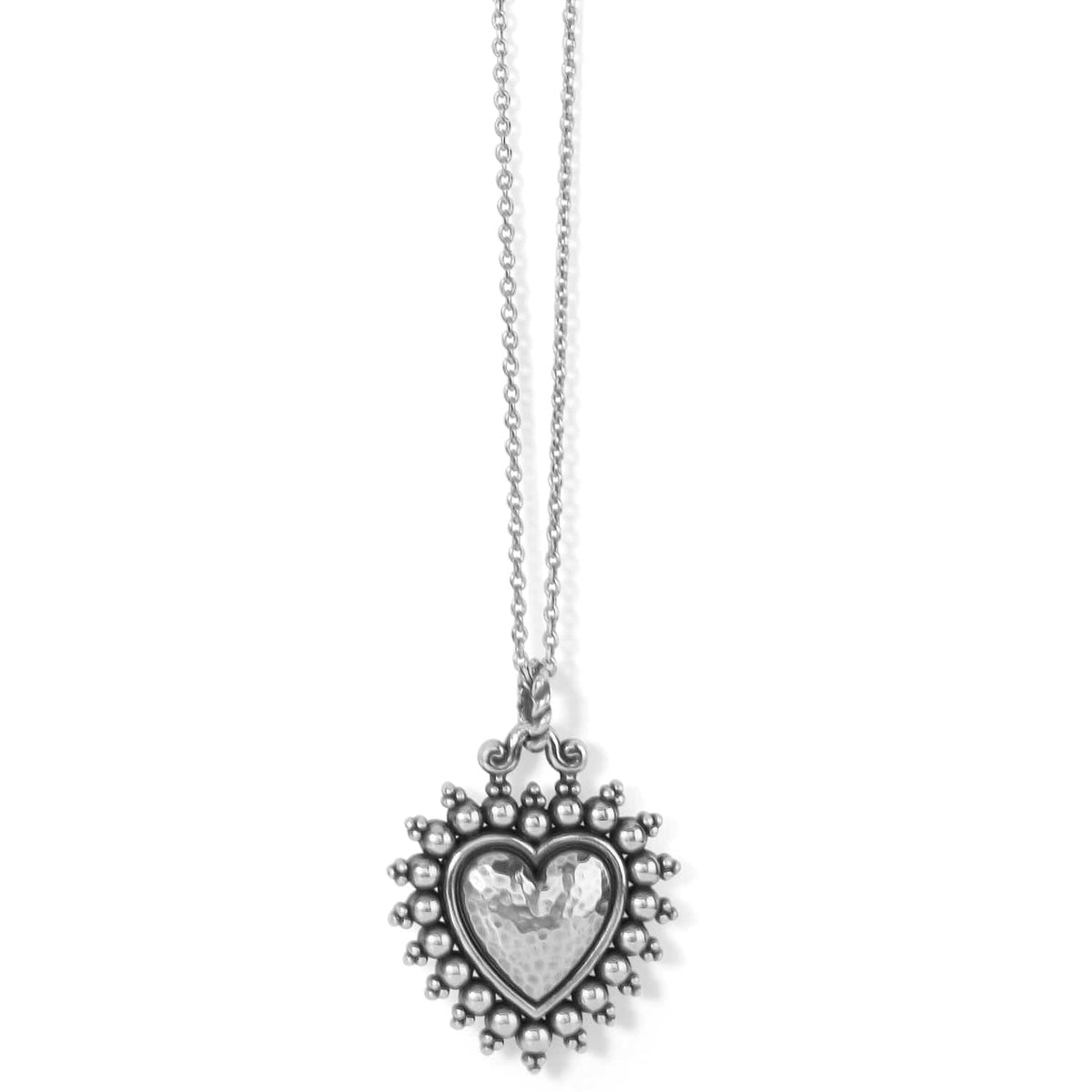 Brighton heart pendant necklace with silver-plated hammered center and beaded border on a white background