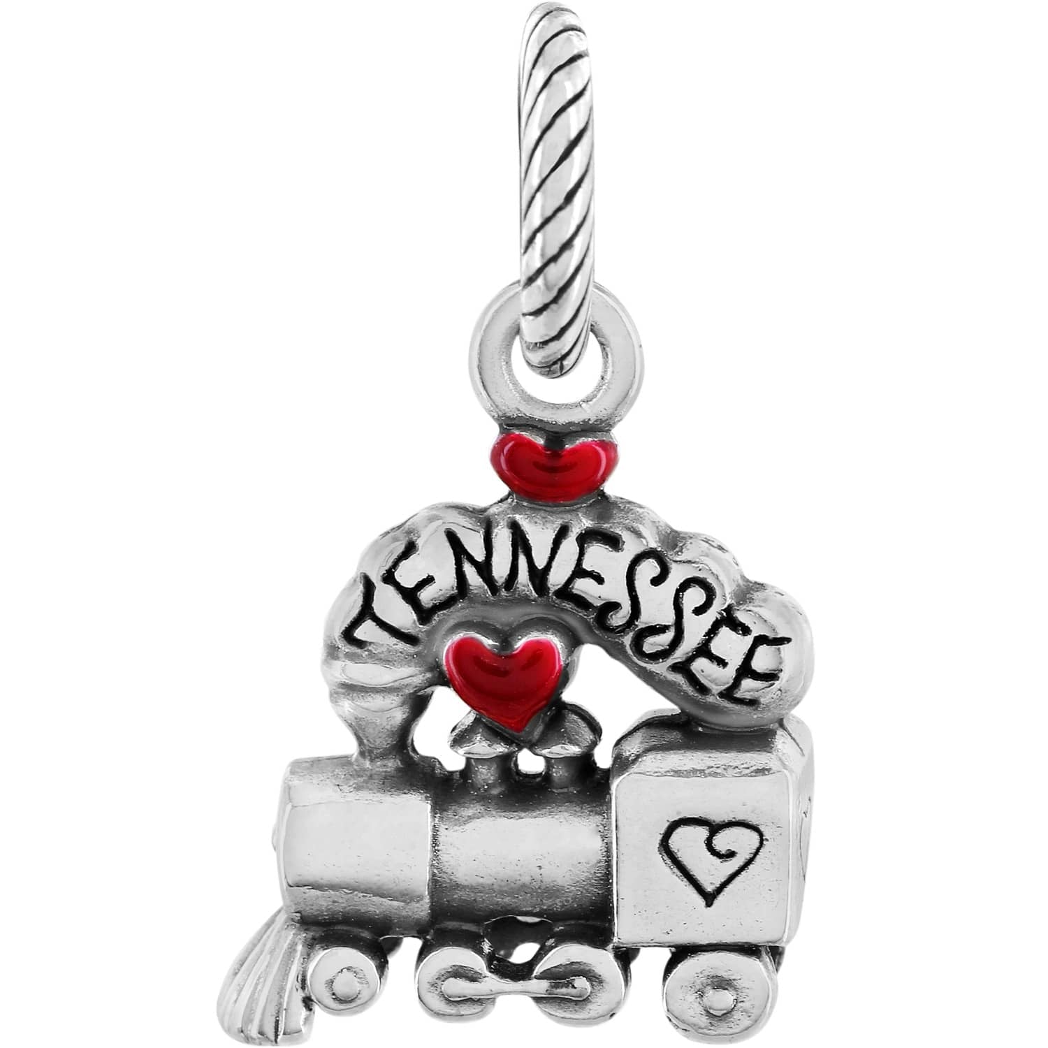 Brighton Tennessee train charm with red enamel hearts and silver-tone locomotive design on a white background