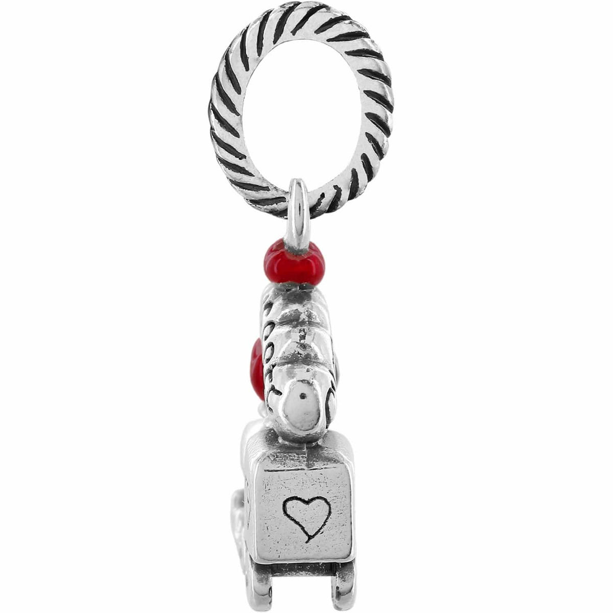Brighton llama charm with red enamel accents and heart-engraved silver-tone body on a white background