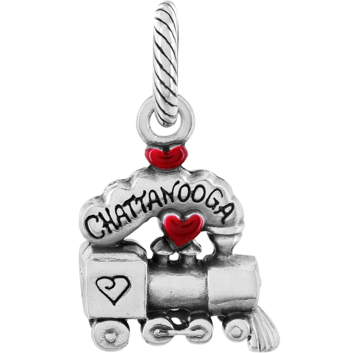 Brighton train charm with Chattanooga banner, red enamel hearts, and silver-tone finish on a white background