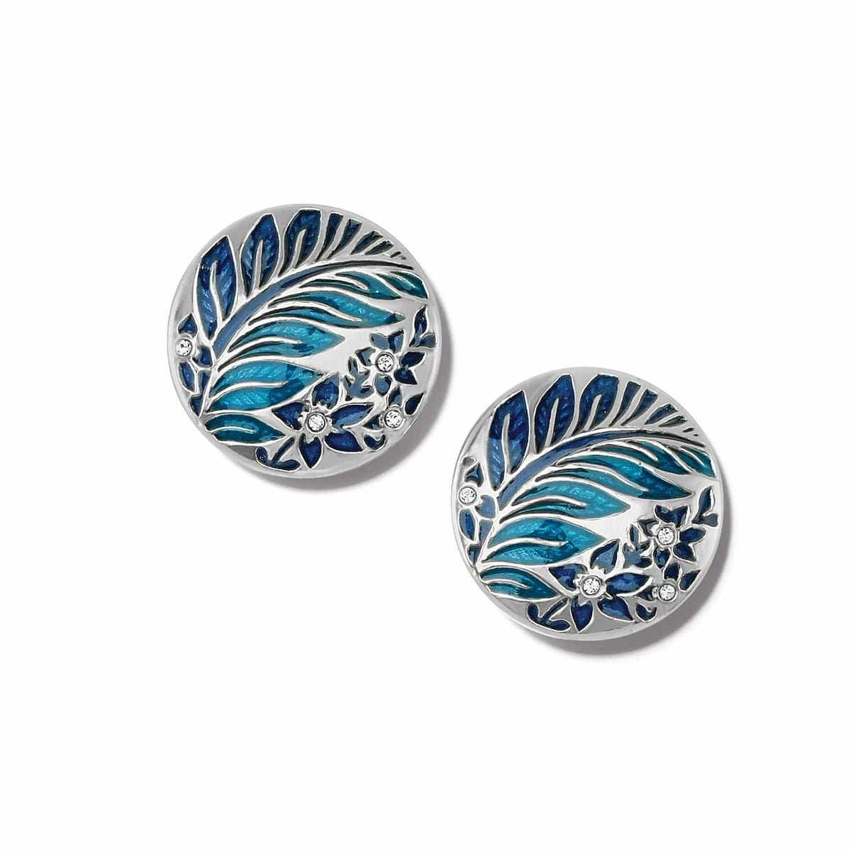 Brighton stud earrings with blue enamel leaf and floral design, silver-plated finish and crystal accents on a white background