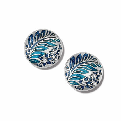 Brighton stud earrings with blue enamel leaf and floral design, silver-plated finish and crystal accents on a white background