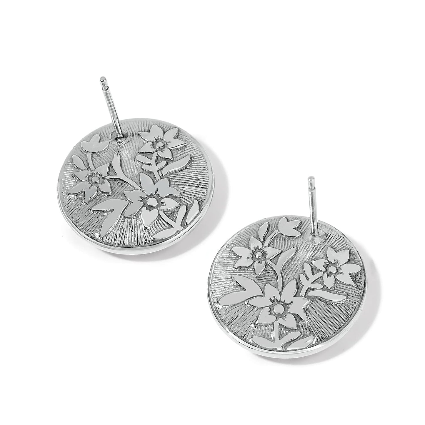 Brighton silver-plated stud earrings with engraved floral design and textured background on a white background