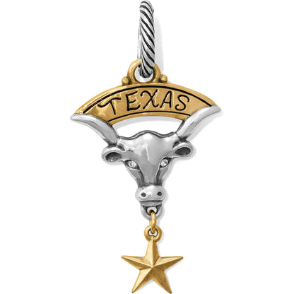 Brighton charm with silver longhorn, gold Texas banner, crystal eyes, and dangling gold star on a white background