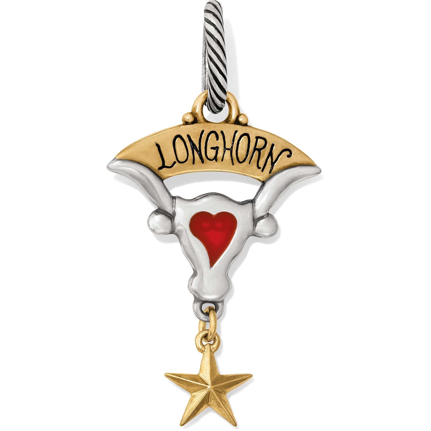 Brighton longhorn charm with two-tone finish, red enamel heart, and dangling gold star on a white background