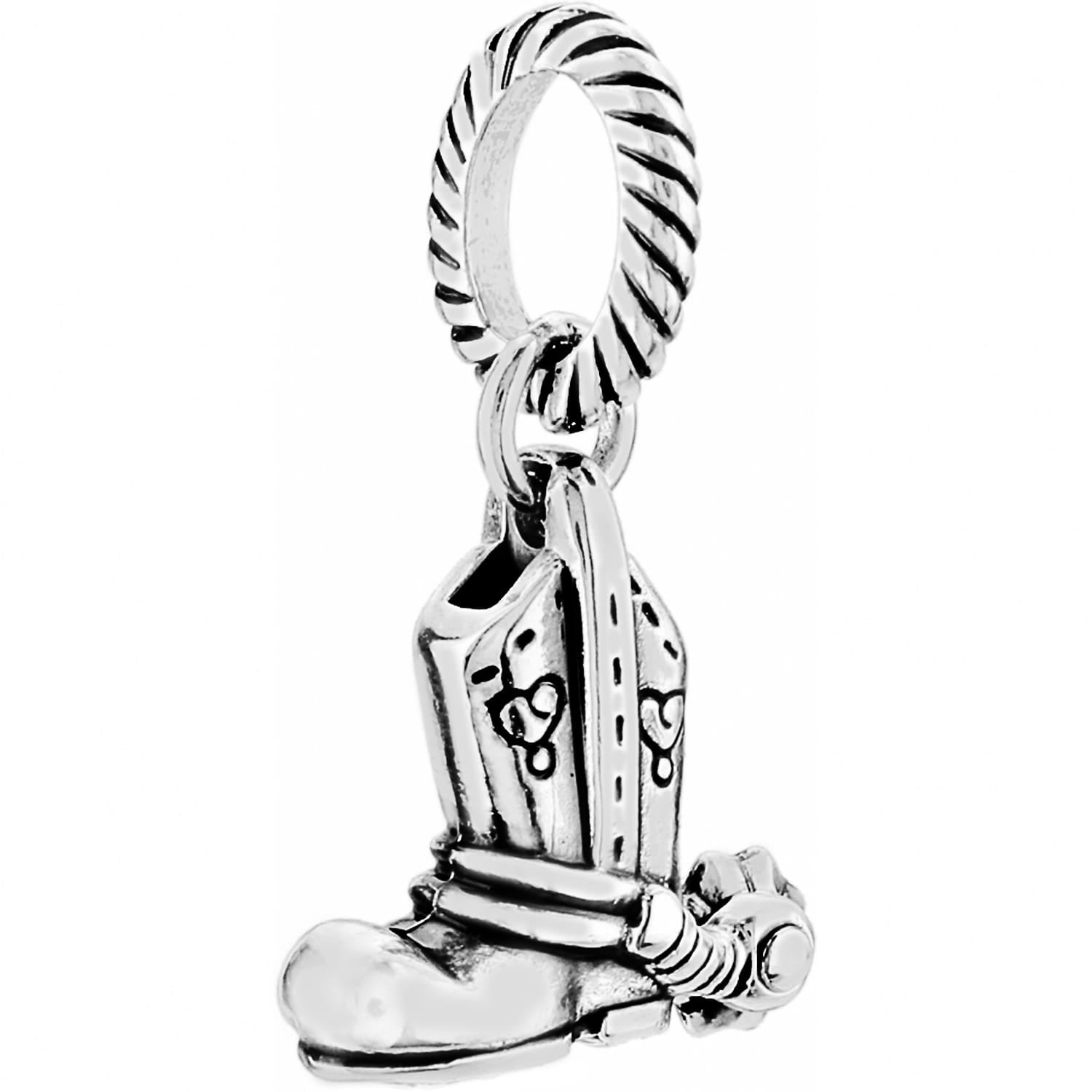 Brighton cowboy boot charm with silver-plated finish, heart detailing, and twisted rope bail on a white background