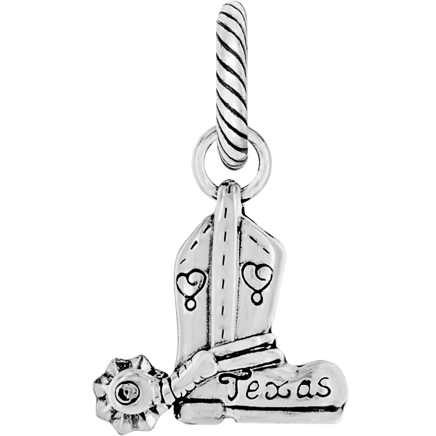 Brighton cowboy boot charm with silver-plated finish, heart details, spur, and Texas engraving on a white background