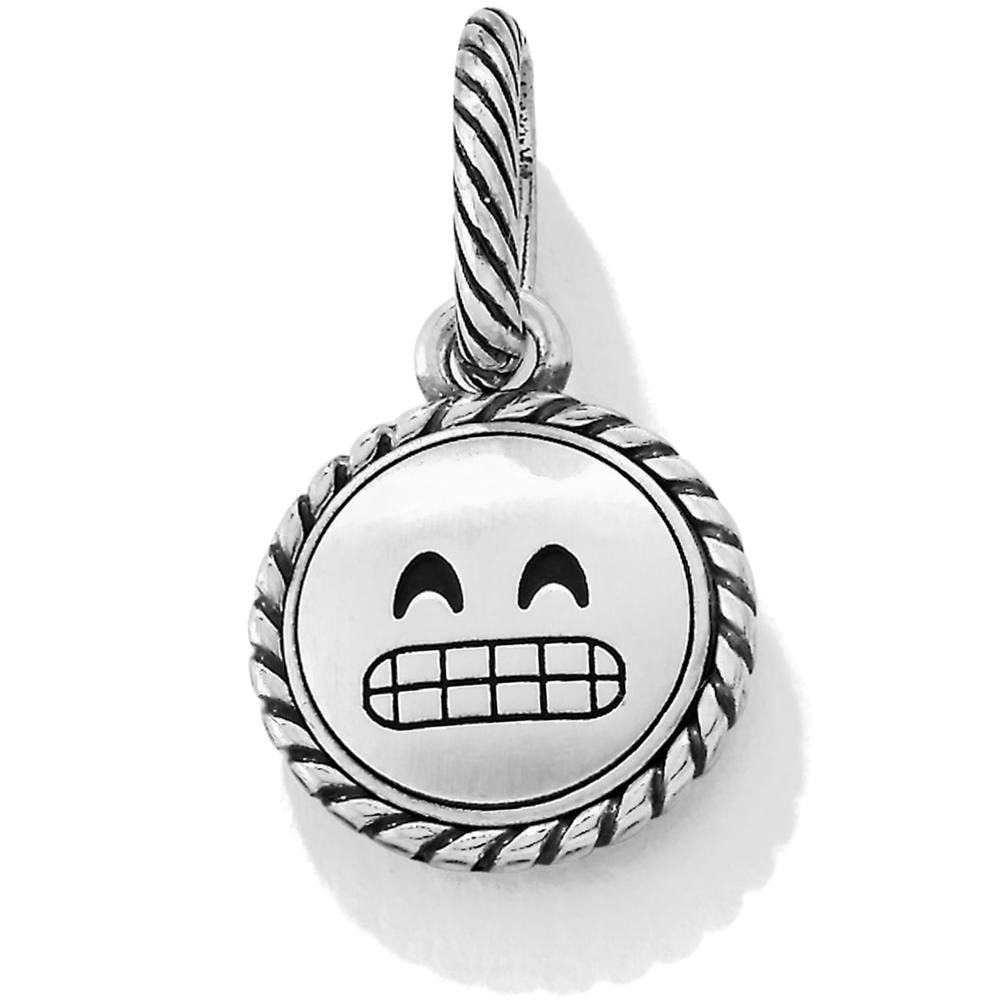 Brighton pendant charm with silver-plated grinning emoji face and rope-textured border and bail on a white background
